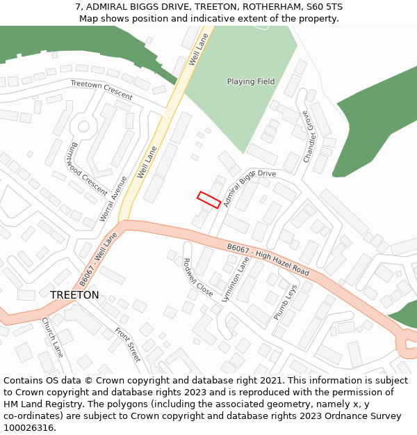 7, ADMIRAL BIGGS DRIVE, TREETON, ROTHERHAM, S60 5TS: Location map and indicative extent of plot
