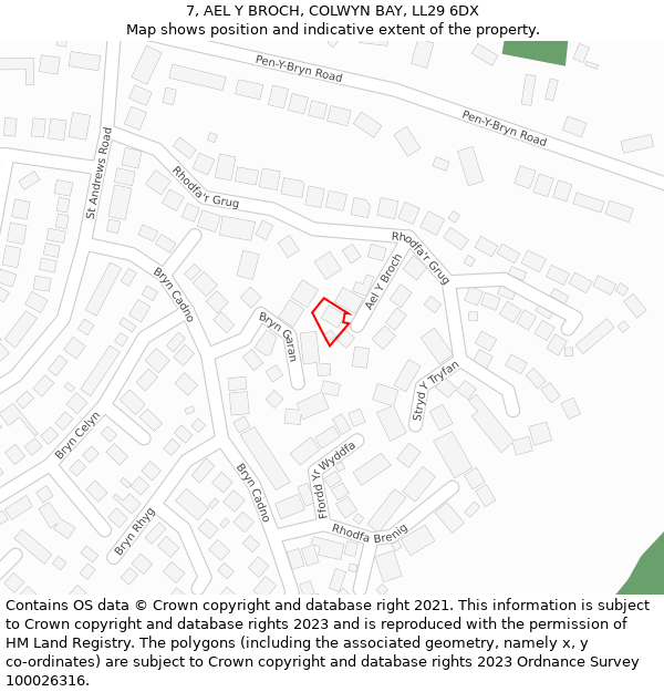 7, AEL Y BROCH, COLWYN BAY, LL29 6DX: Location map and indicative extent of plot