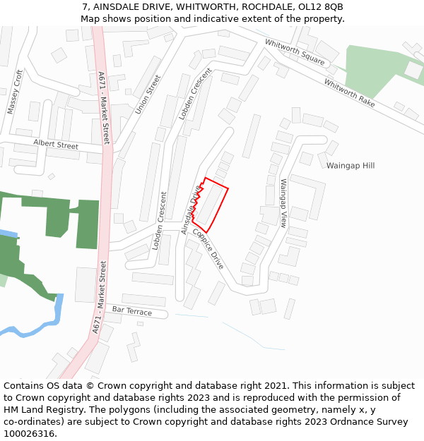 7, AINSDALE DRIVE, WHITWORTH, ROCHDALE, OL12 8QB: Location map and indicative extent of plot
