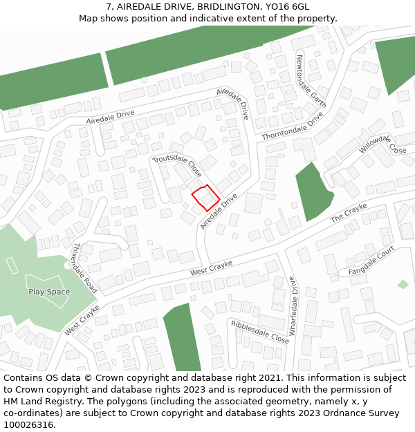 7, AIREDALE DRIVE, BRIDLINGTON, YO16 6GL: Location map and indicative extent of plot