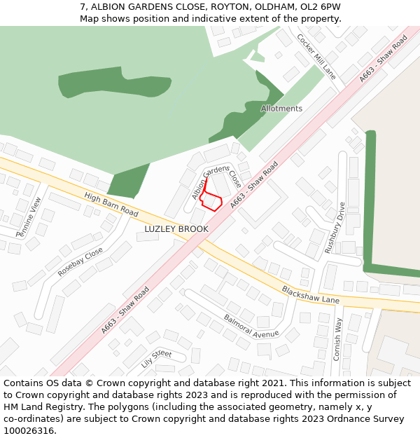 7, ALBION GARDENS CLOSE, ROYTON, OLDHAM, OL2 6PW: Location map and indicative extent of plot