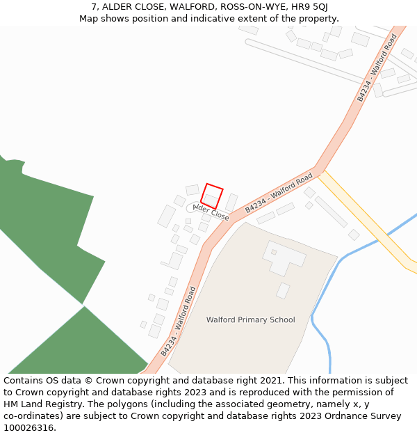7, ALDER CLOSE, WALFORD, ROSS-ON-WYE, HR9 5QJ: Location map and indicative extent of plot