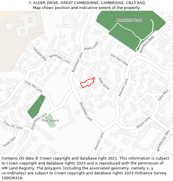 7, ALDER DRIVE, GREAT CAMBOURNE, CAMBRIDGE, CB23 6AQ: Location map and indicative extent of plot