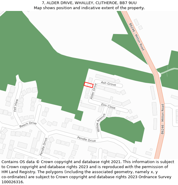 7, ALDER DRIVE, WHALLEY, CLITHEROE, BB7 9UU: Location map and indicative extent of plot