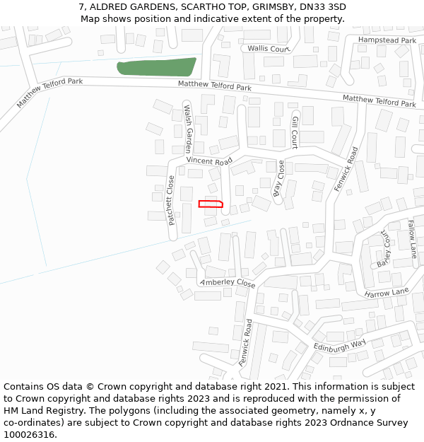 7, ALDRED GARDENS, SCARTHO TOP, GRIMSBY, DN33 3SD: Location map and indicative extent of plot