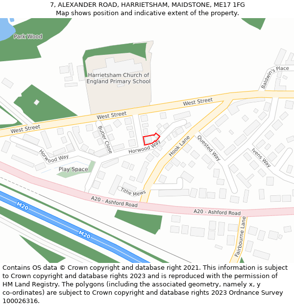 7, ALEXANDER ROAD, HARRIETSHAM, MAIDSTONE, ME17 1FG: Location map and indicative extent of plot