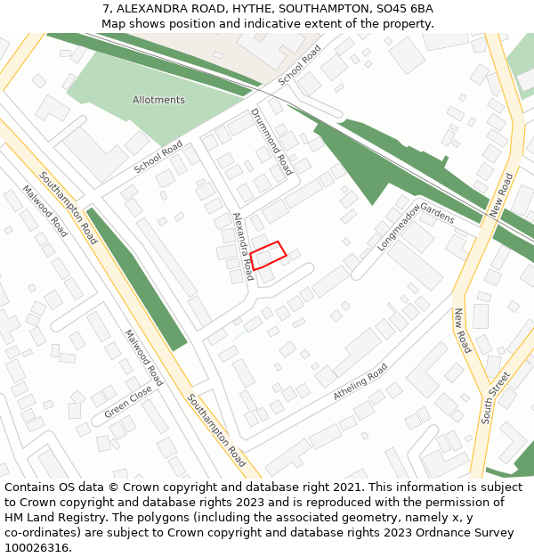 7, ALEXANDRA ROAD, HYTHE, SOUTHAMPTON, SO45 6BA: Location map and indicative extent of plot