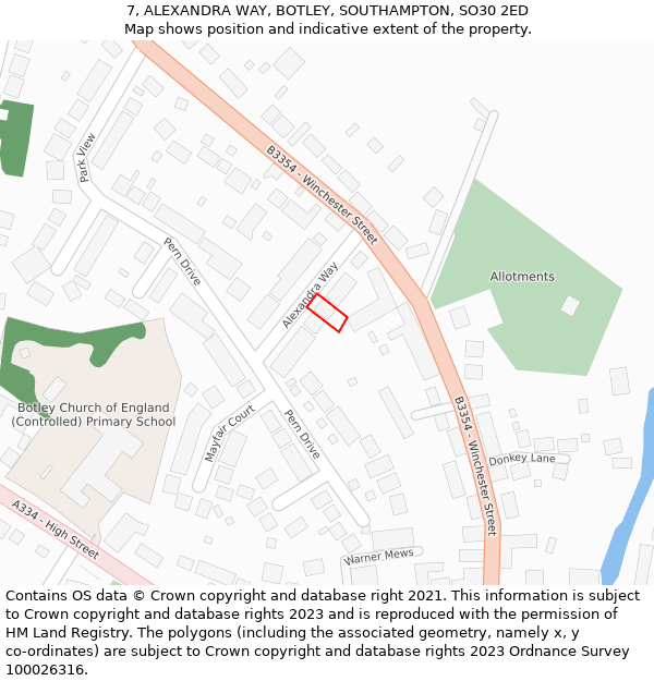 7, ALEXANDRA WAY, BOTLEY, SOUTHAMPTON, SO30 2ED: Location map and indicative extent of plot