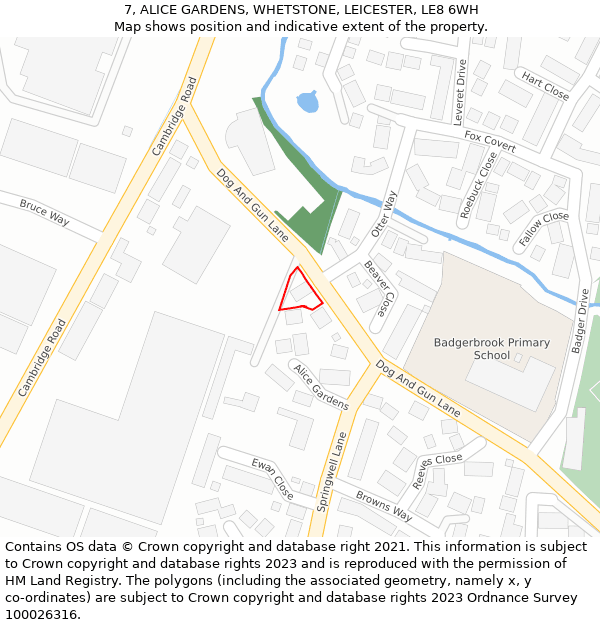7, ALICE GARDENS, WHETSTONE, LEICESTER, LE8 6WH: Location map and indicative extent of plot
