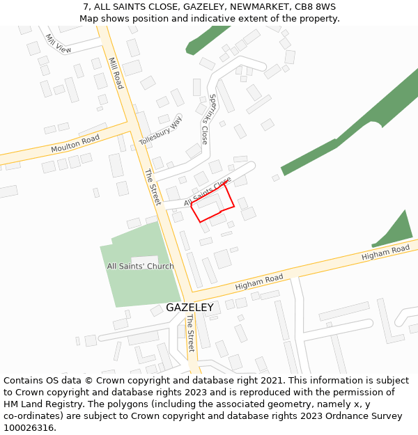 7, ALL SAINTS CLOSE, GAZELEY, NEWMARKET, CB8 8WS: Location map and indicative extent of plot