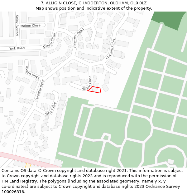 7, ALLIGIN CLOSE, CHADDERTON, OLDHAM, OL9 0LZ: Location map and indicative extent of plot