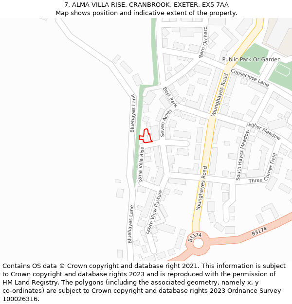 7, ALMA VILLA RISE, CRANBROOK, EXETER, EX5 7AA: Location map and indicative extent of plot