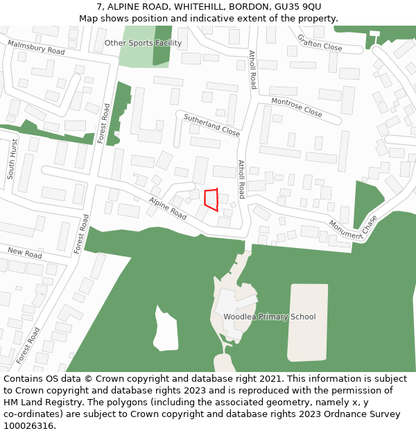 7, ALPINE ROAD, WHITEHILL, BORDON, GU35 9QU: Location map and indicative extent of plot
