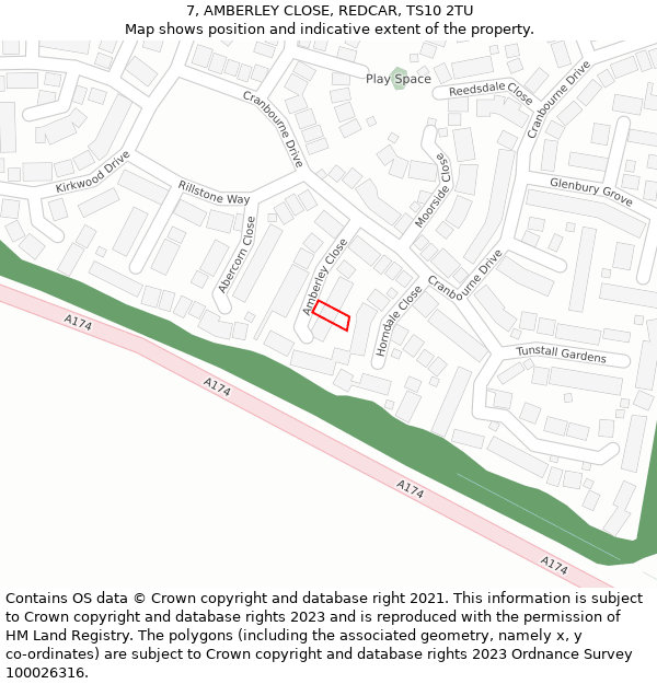 7, AMBERLEY CLOSE, REDCAR, TS10 2TU: Location map and indicative extent of plot