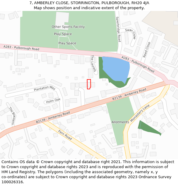 7, AMBERLEY CLOSE, STORRINGTON, PULBOROUGH, RH20 4JA: Location map and indicative extent of plot