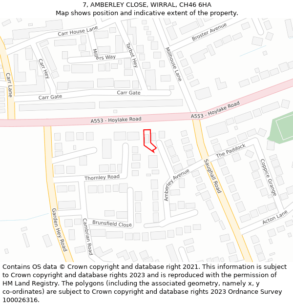 7, AMBERLEY CLOSE, WIRRAL, CH46 6HA: Location map and indicative extent of plot