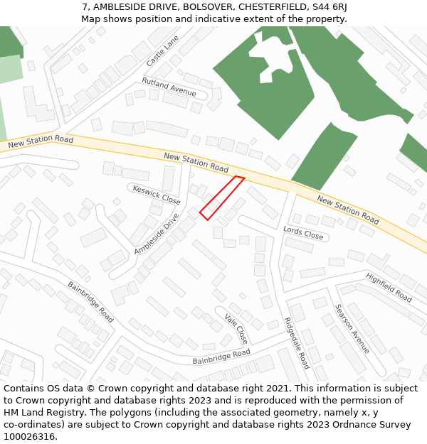 7, AMBLESIDE DRIVE, BOLSOVER, CHESTERFIELD, S44 6RJ: Location map and indicative extent of plot