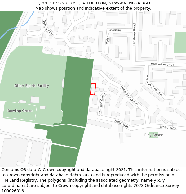 7, ANDERSON CLOSE, BALDERTON, NEWARK, NG24 3GD: Location map and indicative extent of plot