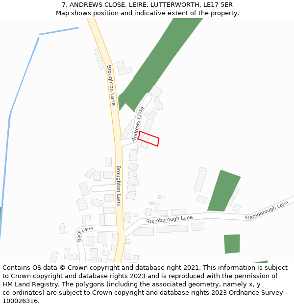 7, ANDREWS CLOSE, LEIRE, LUTTERWORTH, LE17 5ER: Location map and indicative extent of plot