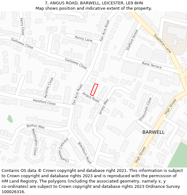 7, ANGUS ROAD, BARWELL, LEICESTER, LE9 8HN: Location map and indicative extent of plot