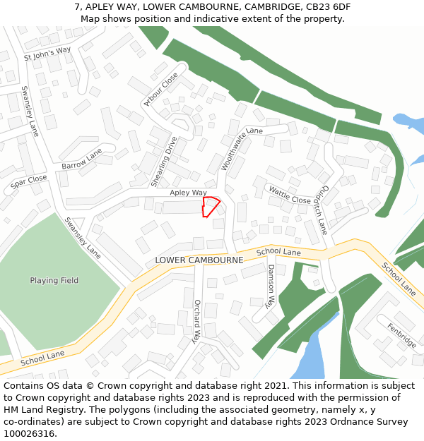 7, APLEY WAY, LOWER CAMBOURNE, CAMBRIDGE, CB23 6DF: Location map and indicative extent of plot