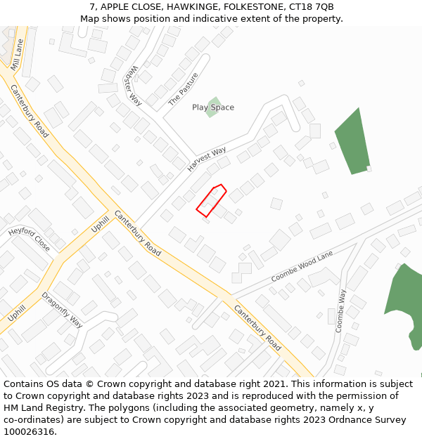 7, APPLE CLOSE, HAWKINGE, FOLKESTONE, CT18 7QB: Location map and indicative extent of plot