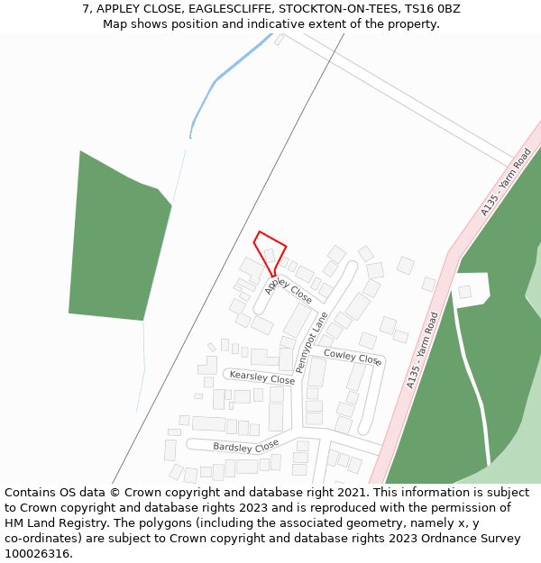 7, APPLEY CLOSE, EAGLESCLIFFE, STOCKTON-ON-TEES, TS16 0BZ: Location map and indicative extent of plot