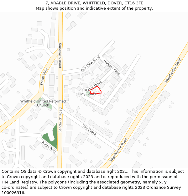 7, ARABLE DRIVE, WHITFIELD, DOVER, CT16 3FE: Location map and indicative extent of plot