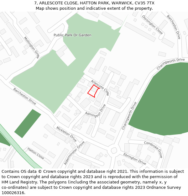 7, ARLESCOTE CLOSE, HATTON PARK, WARWICK, CV35 7TX: Location map and indicative extent of plot