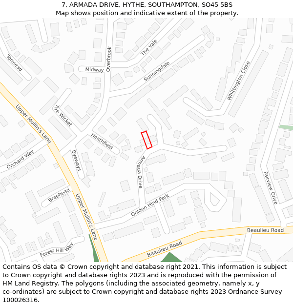 7, ARMADA DRIVE, HYTHE, SOUTHAMPTON, SO45 5BS: Location map and indicative extent of plot