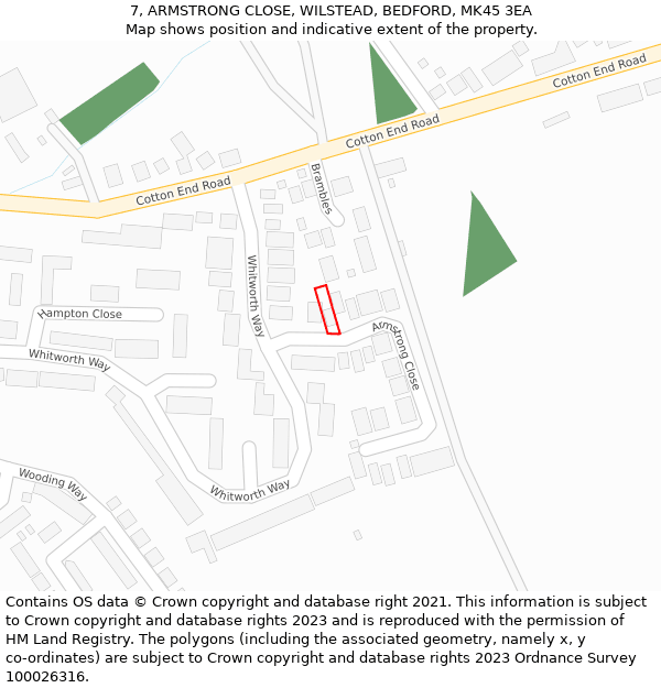 7, ARMSTRONG CLOSE, WILSTEAD, BEDFORD, MK45 3EA: Location map and indicative extent of plot