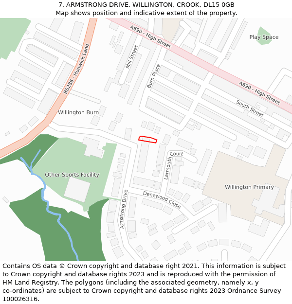 7, ARMSTRONG DRIVE, WILLINGTON, CROOK, DL15 0GB: Location map and indicative extent of plot