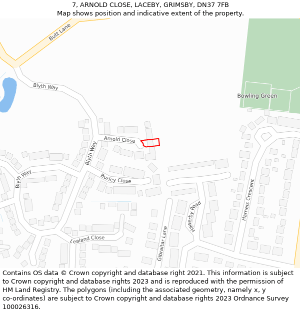 7, ARNOLD CLOSE, LACEBY, GRIMSBY, DN37 7FB: Location map and indicative extent of plot