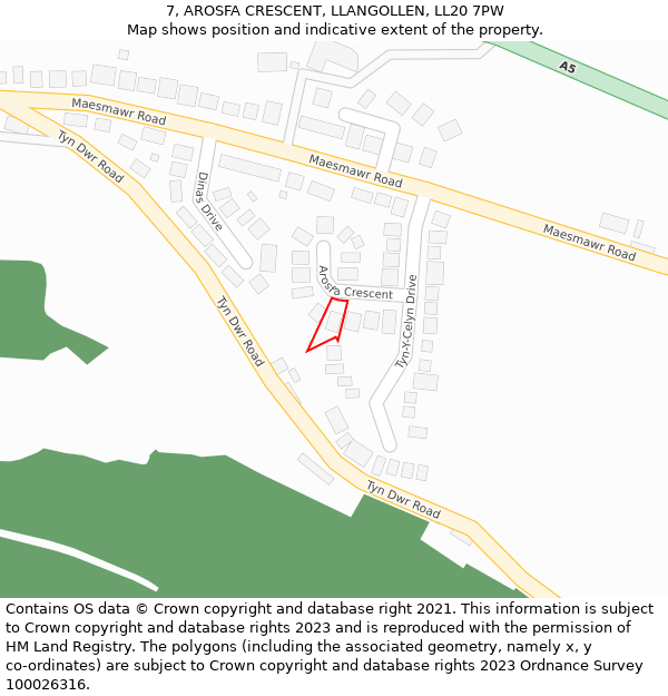 7, AROSFA CRESCENT, LLANGOLLEN, LL20 7PW: Location map and indicative extent of plot