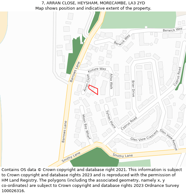 7, ARRAN CLOSE, HEYSHAM, MORECAMBE, LA3 2YD: Location map and indicative extent of plot