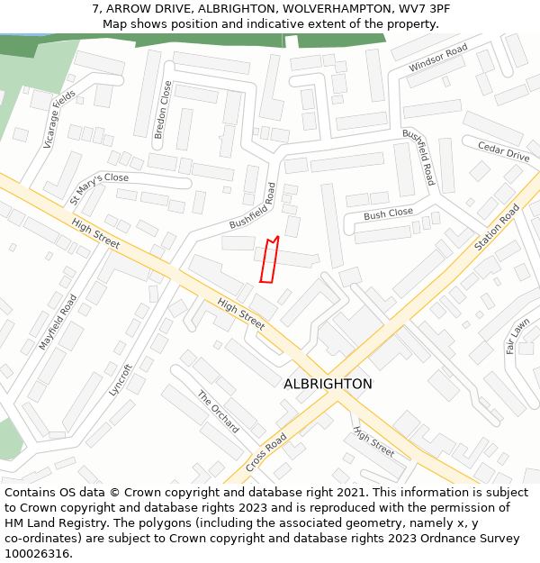 7, ARROW DRIVE, ALBRIGHTON, WOLVERHAMPTON, WV7 3PF: Location map and indicative extent of plot