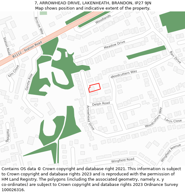 7, ARROWHEAD DRIVE, LAKENHEATH, BRANDON, IP27 9JN: Location map and indicative extent of plot