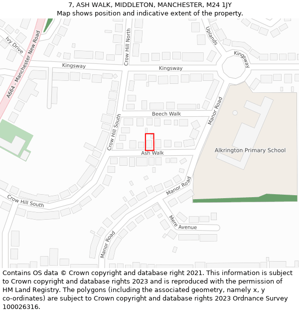 7, ASH WALK, MIDDLETON, MANCHESTER, M24 1JY: Location map and indicative extent of plot