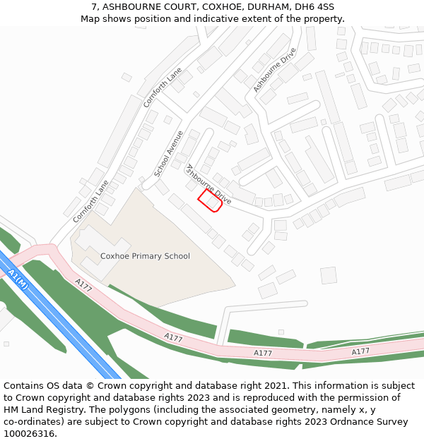7, ASHBOURNE COURT, COXHOE, DURHAM, DH6 4SS: Location map and indicative extent of plot