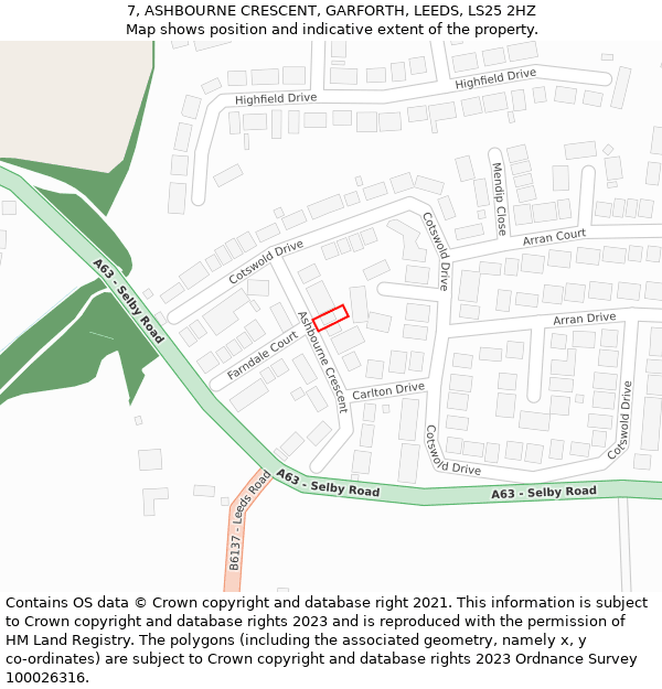 7, ASHBOURNE CRESCENT, GARFORTH, LEEDS, LS25 2HZ: Location map and indicative extent of plot