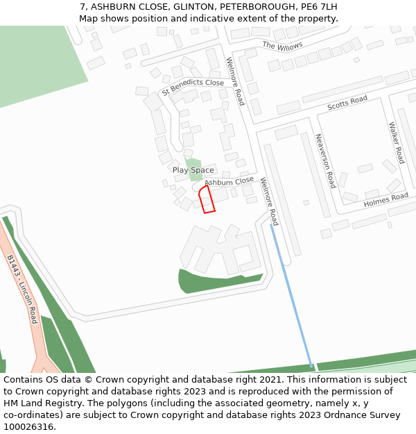7, ASHBURN CLOSE, GLINTON, PETERBOROUGH, PE6 7LH: Location map and indicative extent of plot