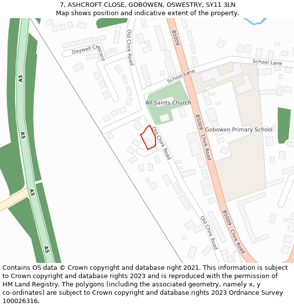 7, ASHCROFT CLOSE, GOBOWEN, OSWESTRY, SY11 3LN: Location map and indicative extent of plot