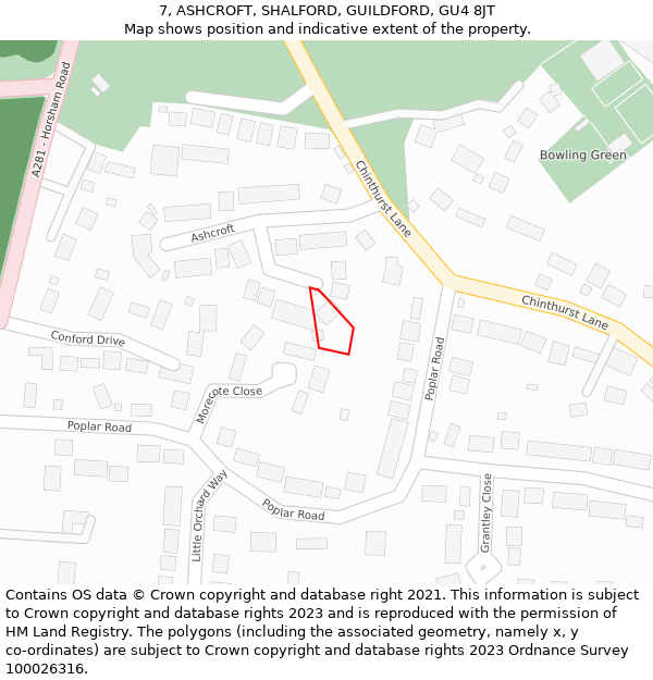 7, ASHCROFT, SHALFORD, GUILDFORD, GU4 8JT: Location map and indicative extent of plot