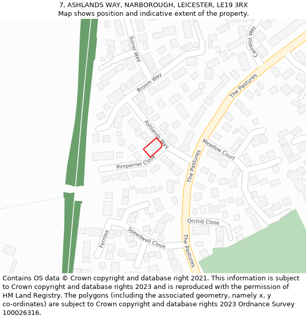 7, ASHLANDS WAY, NARBOROUGH, LEICESTER, LE19 3RX: Location map and indicative extent of plot