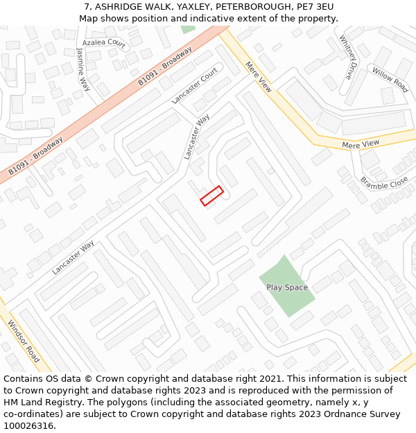 7, ASHRIDGE WALK, YAXLEY, PETERBOROUGH, PE7 3EU: Location map and indicative extent of plot