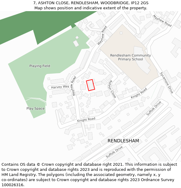 7, ASHTON CLOSE, RENDLESHAM, WOODBRIDGE, IP12 2GS: Location map and indicative extent of plot