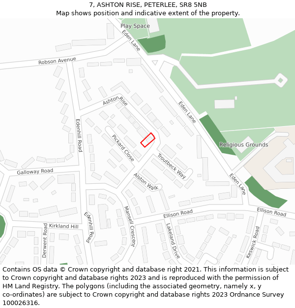 7, ASHTON RISE, PETERLEE, SR8 5NB: Location map and indicative extent of plot