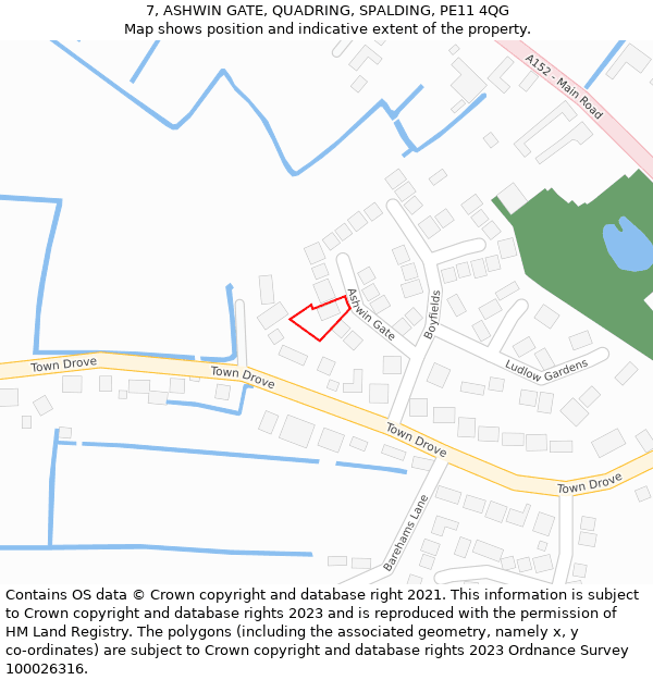 7, ASHWIN GATE, QUADRING, SPALDING, PE11 4QG: Location map and indicative extent of plot