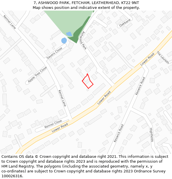 7, ASHWOOD PARK, FETCHAM, LEATHERHEAD, KT22 9NT: Location map and indicative extent of plot