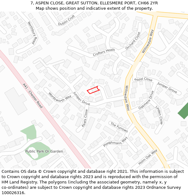 7, ASPEN CLOSE, GREAT SUTTON, ELLESMERE PORT, CH66 2YR: Location map and indicative extent of plot